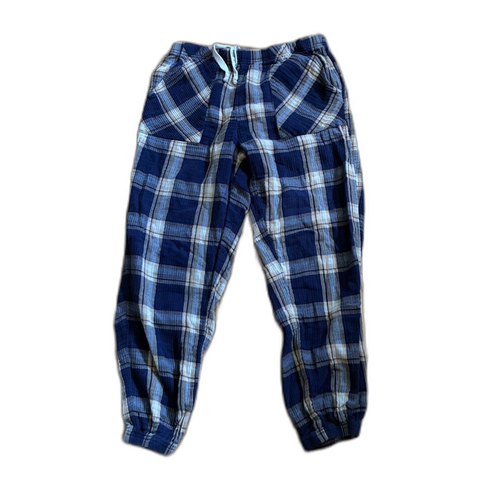 Aerie Plaid Lounge Pants Navy Blue Cream Cozy Drawstring Elastic Waist Pocket